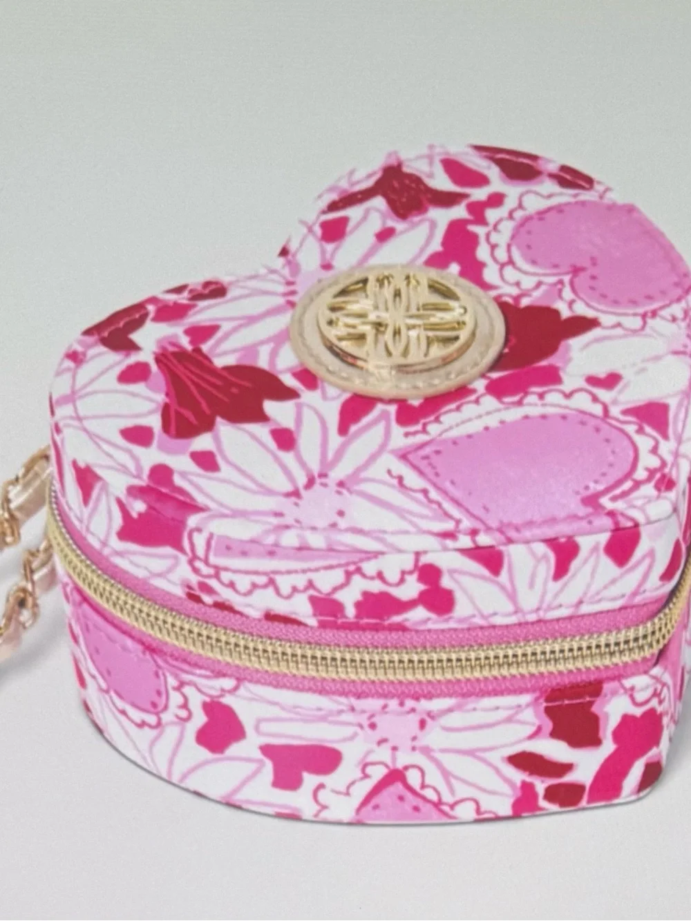 Lilly Pulitzer , NWTsHeart-Shaped Floral Jewelry Case - Pink Red w gold chain